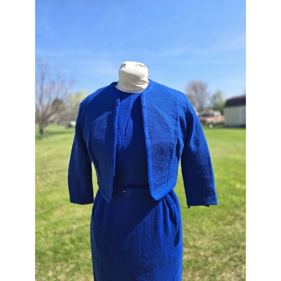 VTG 1960s Royal Blue Knit 3pc Wiggle Dress Jacket Belt Madmen Pinup Tailored - Picture 3 of 8